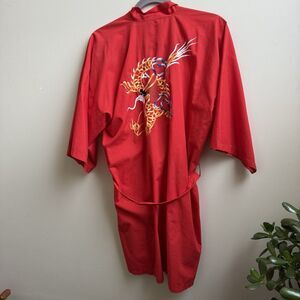 Vintage Red Plum Blossom Kimono Embroidered Chinese Dragon Robe Size M